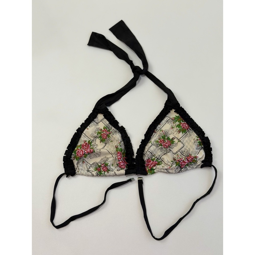 Vintage Betsey Johnson Swim D Cup Floral Rose Ruffle Halter Bikini Top USA Made